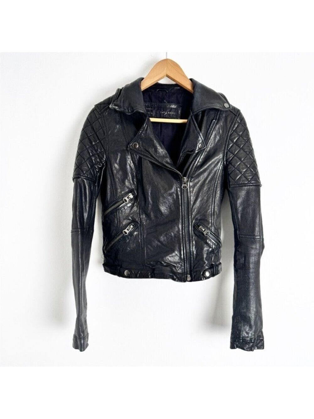 Rare Zara Black Lamb Leather Biker Moto Jacket size S